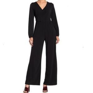 NWT Vanity Room Black Surplice Neck Wide pant Leg Jumpsuit Large long sleeve